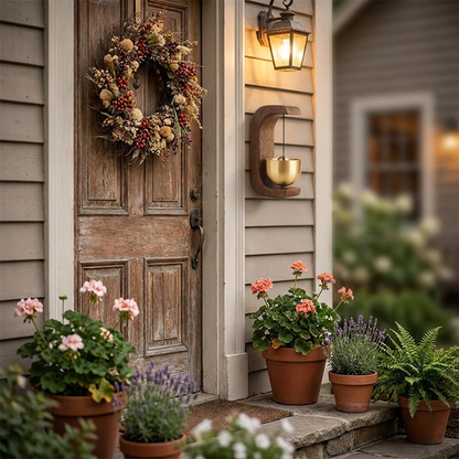 Wireless brass door chime by rustic entrance