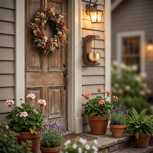 Wireless brass door chime by rustic entrance