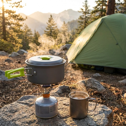 Camping cookware on stove at mountainside campsite