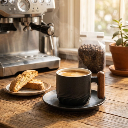 Vintage espresso cup with wooden handle on wood table