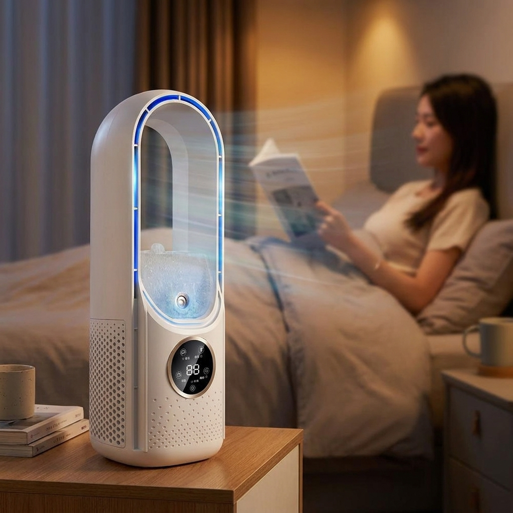 Bladeless portable air conditioner on bedroom nightstand