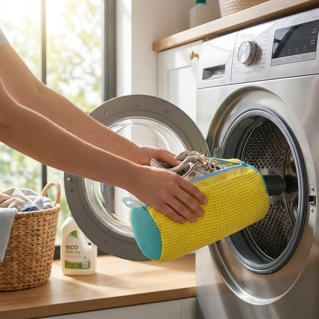 Shoe washing bag with sneakers in laundry room