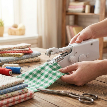 Portable mini sewing machine in use