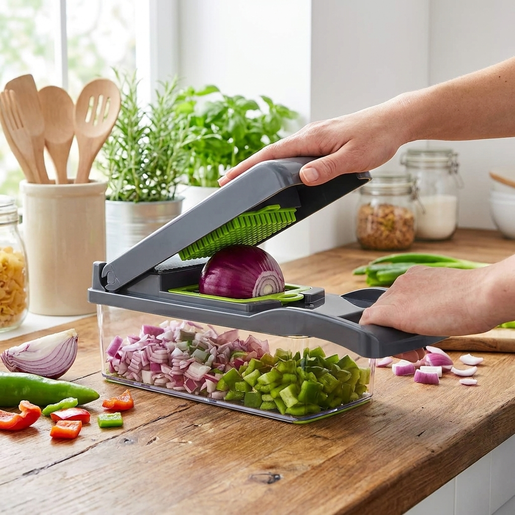 Multifunctional vegetable chopper on wooden counter with fresh produce