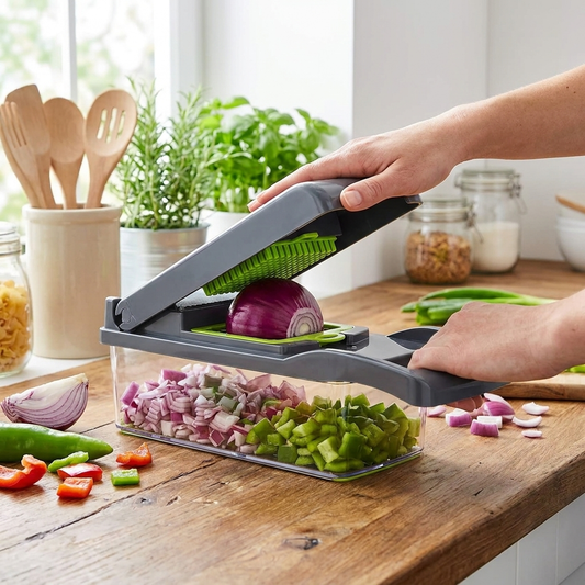 Multifunctional vegetable chopper on wooden counter with fresh produce