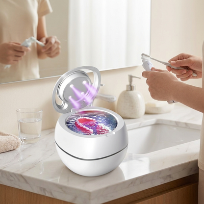 Ultrasonic denture cleaner on bathroom vanity