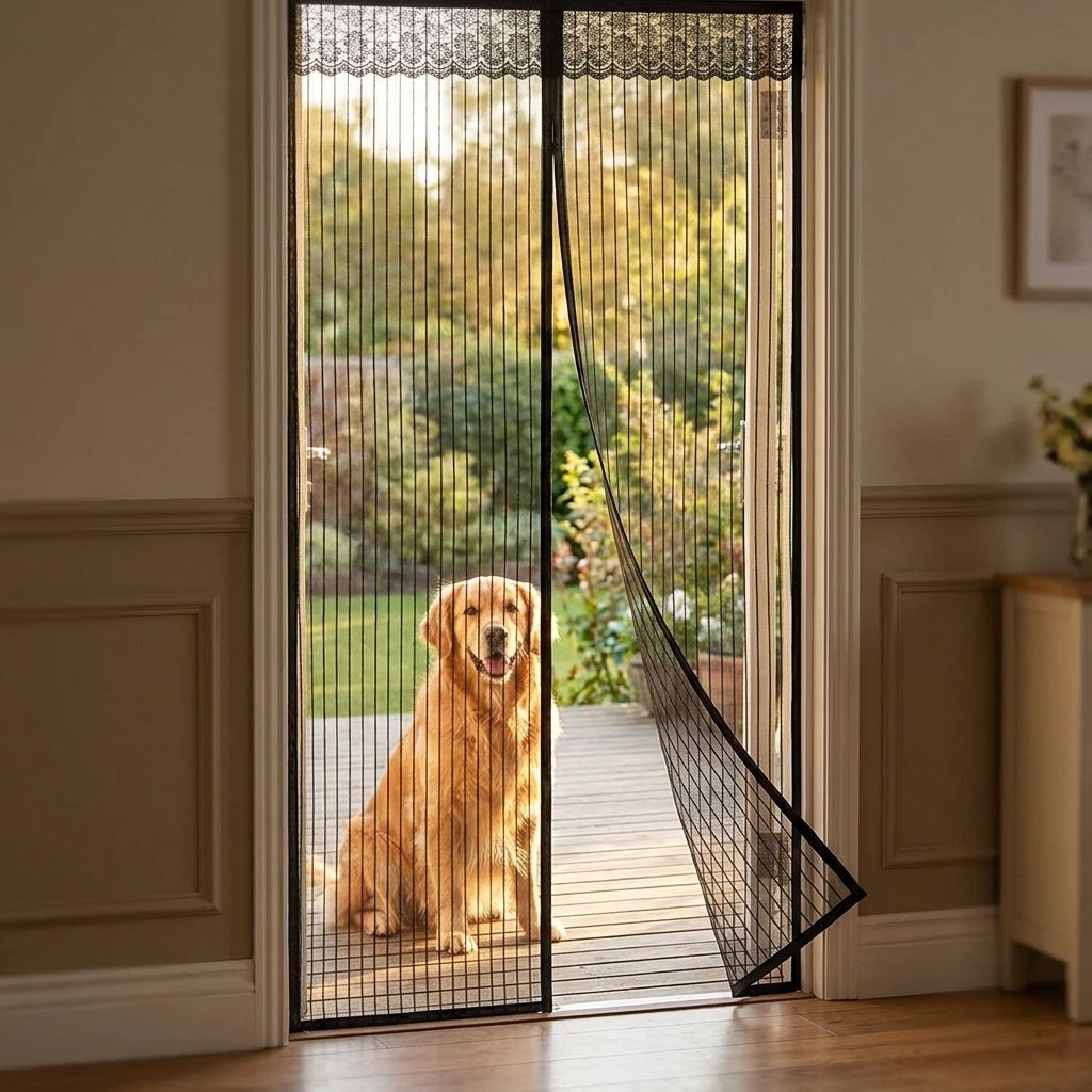 Magnetic mesh screen door in home patio