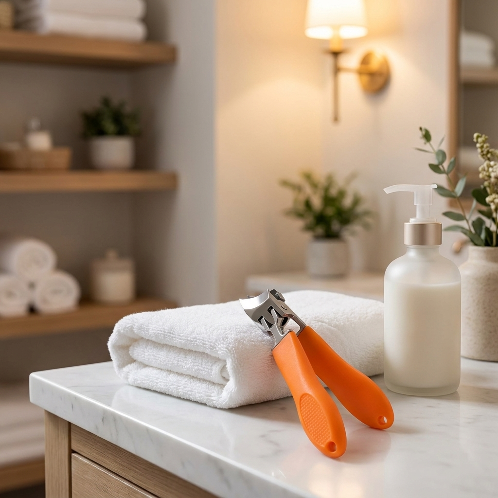 Wide-jaw nail clipper on bathroom vanity