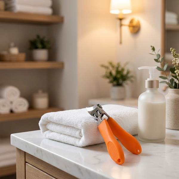Wide-jaw nail clipper on bathroom vanity