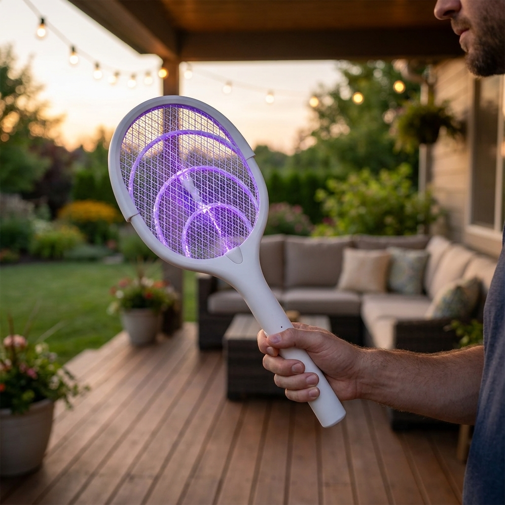 5 in 1 bug zapper racket held on backyard porch at dusk
