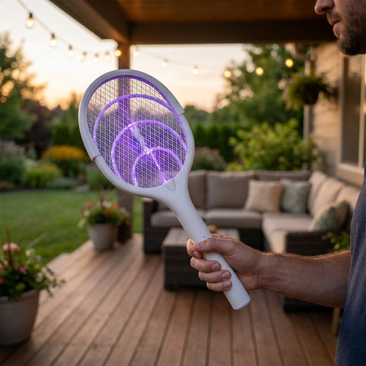 5 in 1 bug zapper racket held on backyard porch at dusk