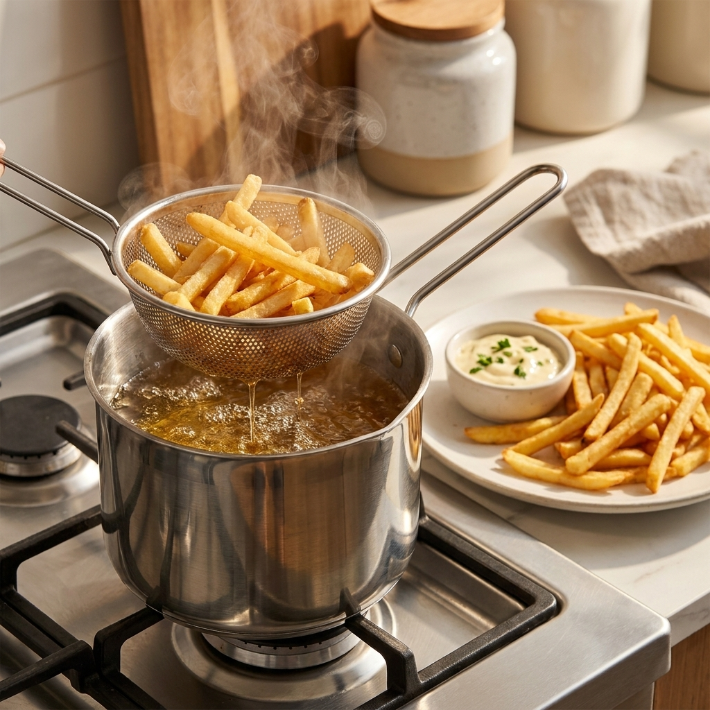 Deep fryer pot with fries on stove