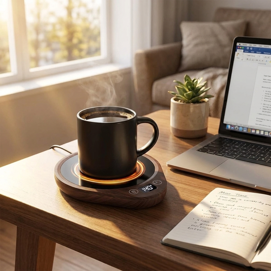 Coffee mug warmer with coffee on home office desk