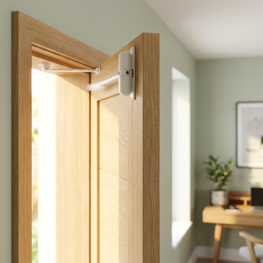 Automatic door closer mounted on modern door