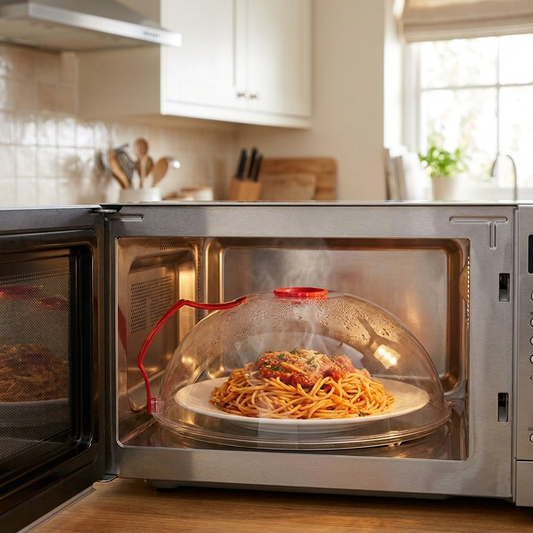 Microwave cover on plate of pasta
