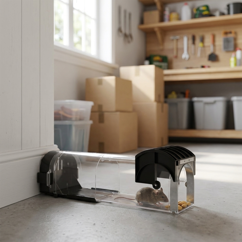 Self locking humane mouse trap in garage