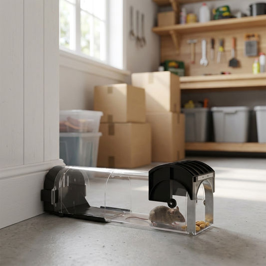 Self locking humane mouse trap in garage