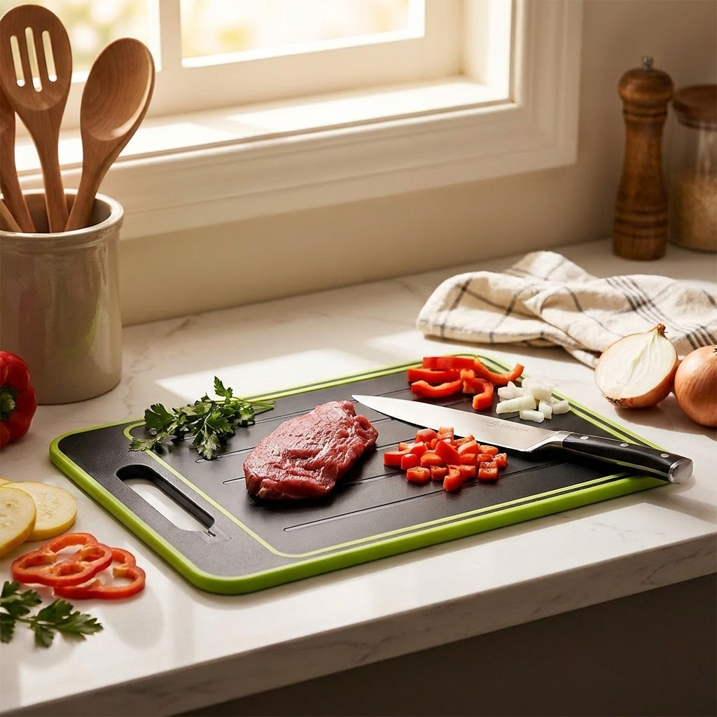 4-in-1 cutting board with thawing tray in kitchen use
