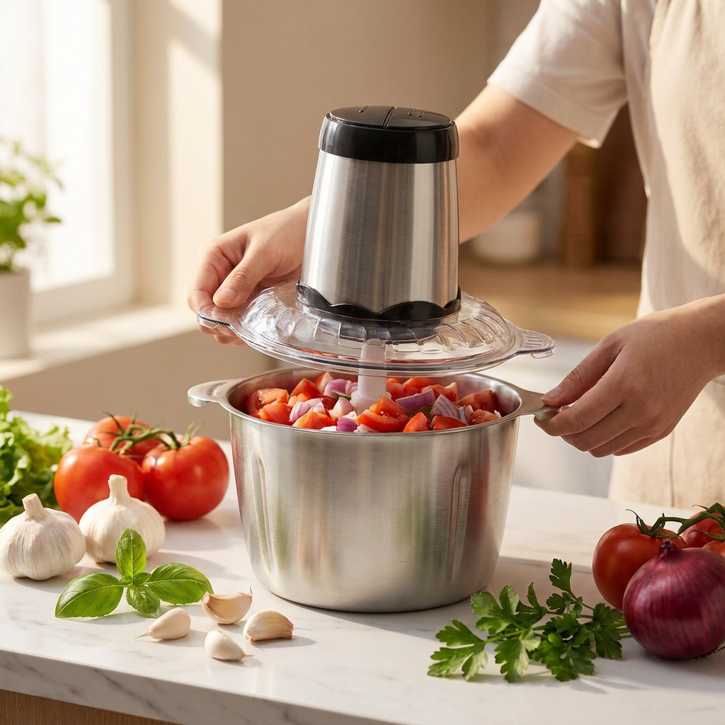 Food chopper with chopped vegetables