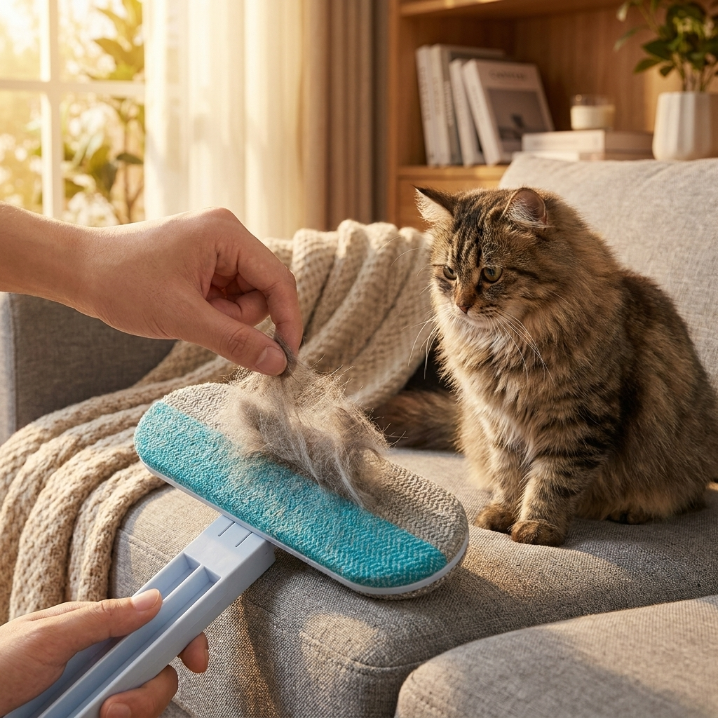 Pet hair remover on sofa with cat