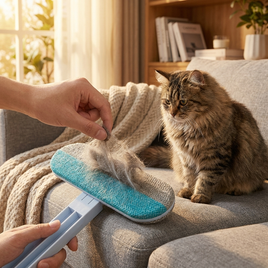 Pet hair remover on sofa with cat
