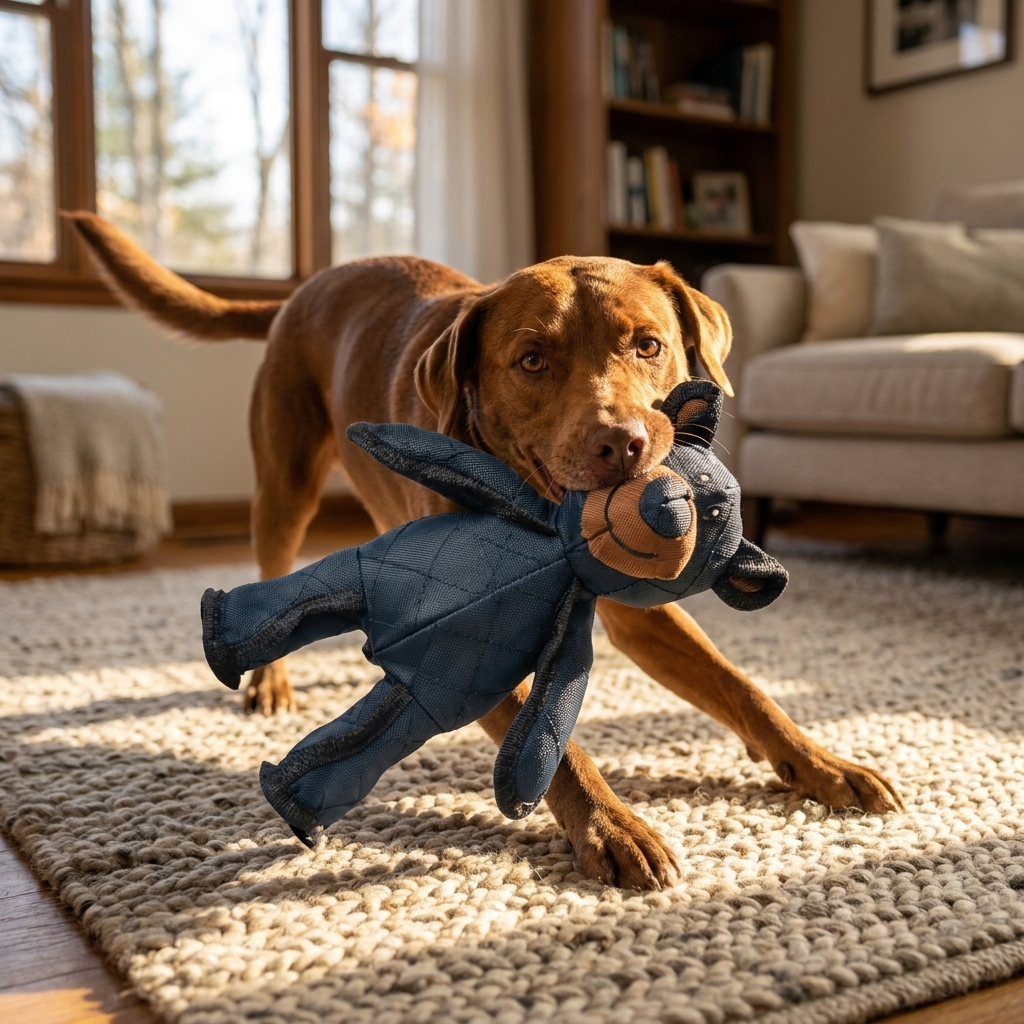 Dog playing with plush bear toy on living room rug