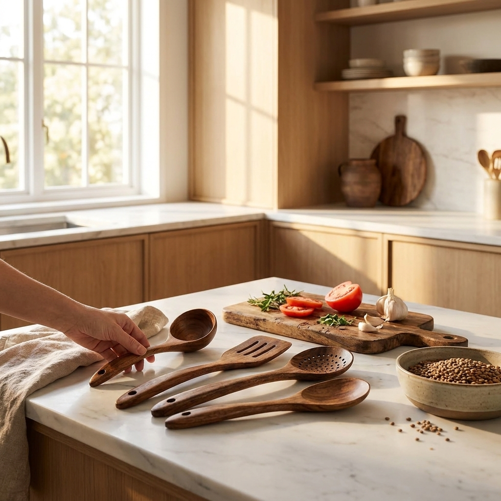 Teak wood kitchen set in use on kitchen countertop