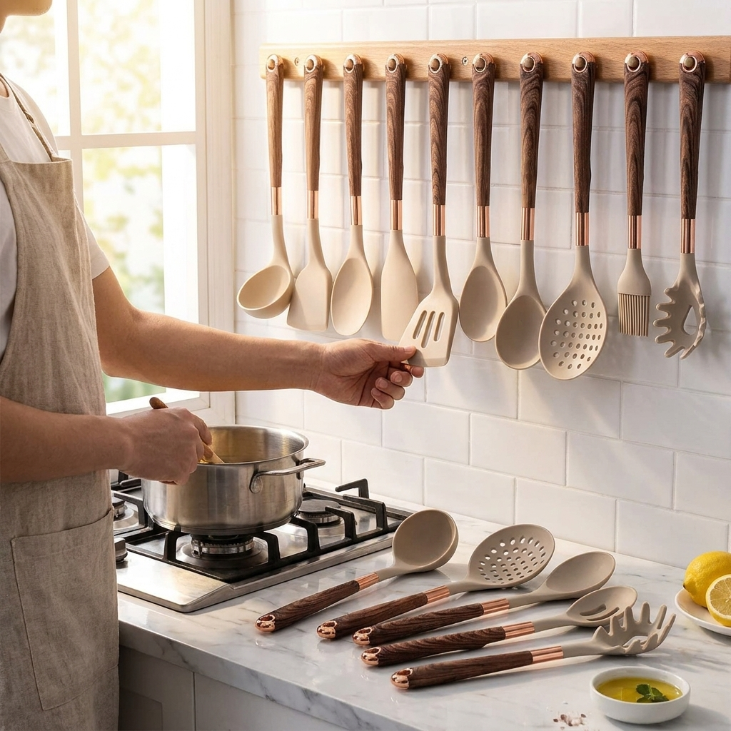 Kitchen utensil set in use in a modern kitchen