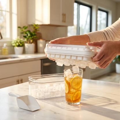 One-click ice tray dispensing ice into glass in kitchen