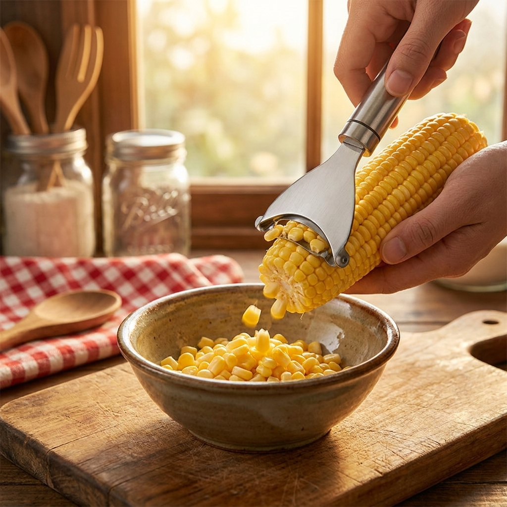 Corn peeler in use on fresh corn cob
