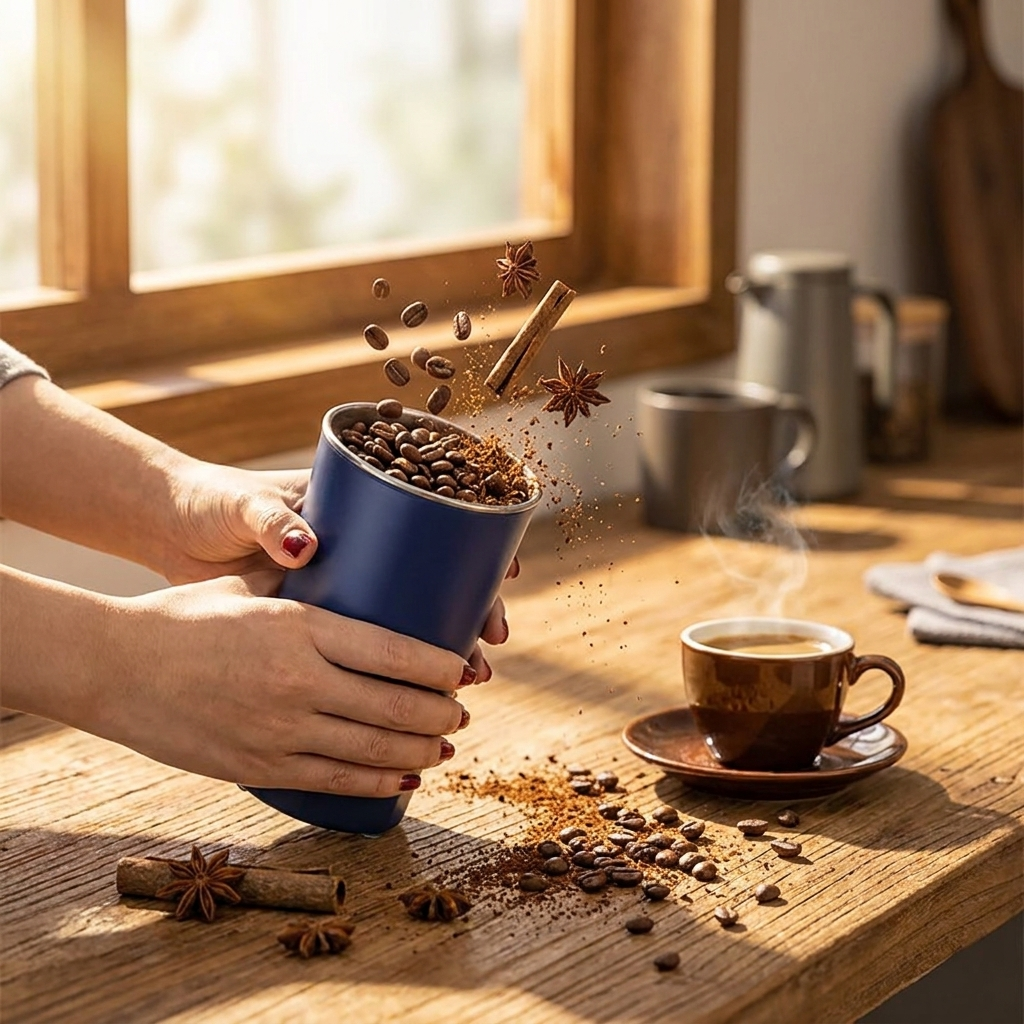 Electric mini grinder in use on kitchen counter