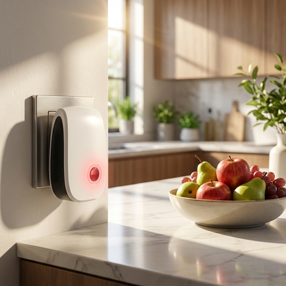 Ultrasonic fly repeller plugged in on kitchen counter