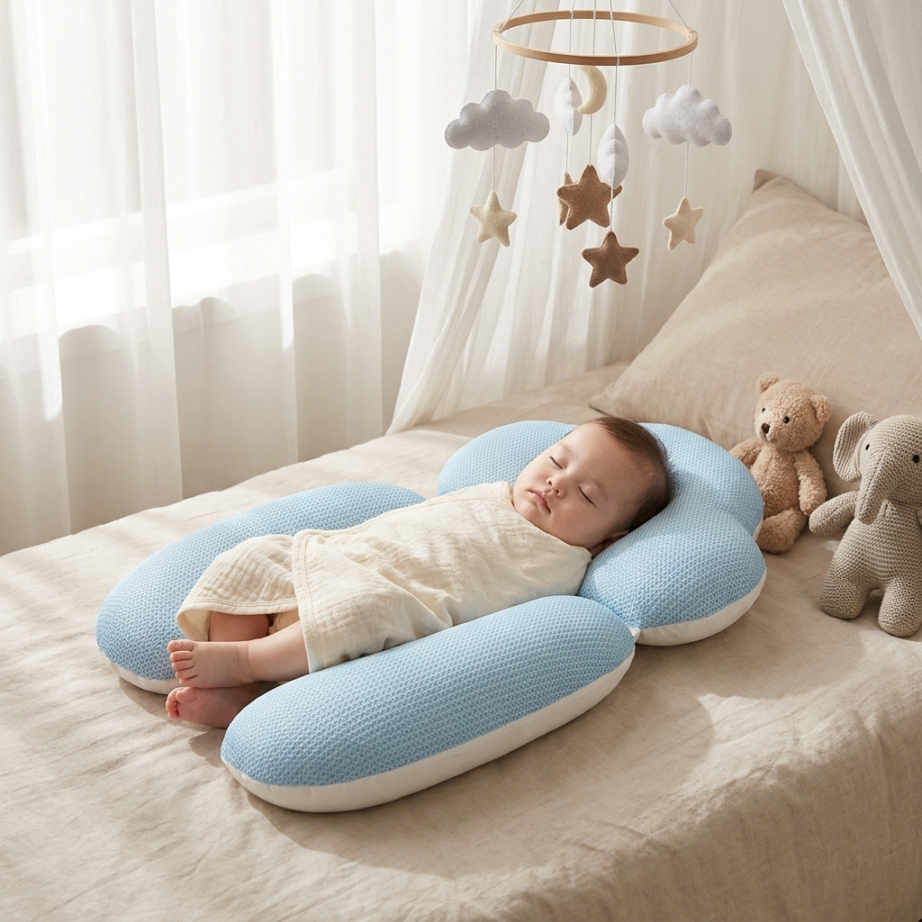 Infant resting pillow set in use in nursery