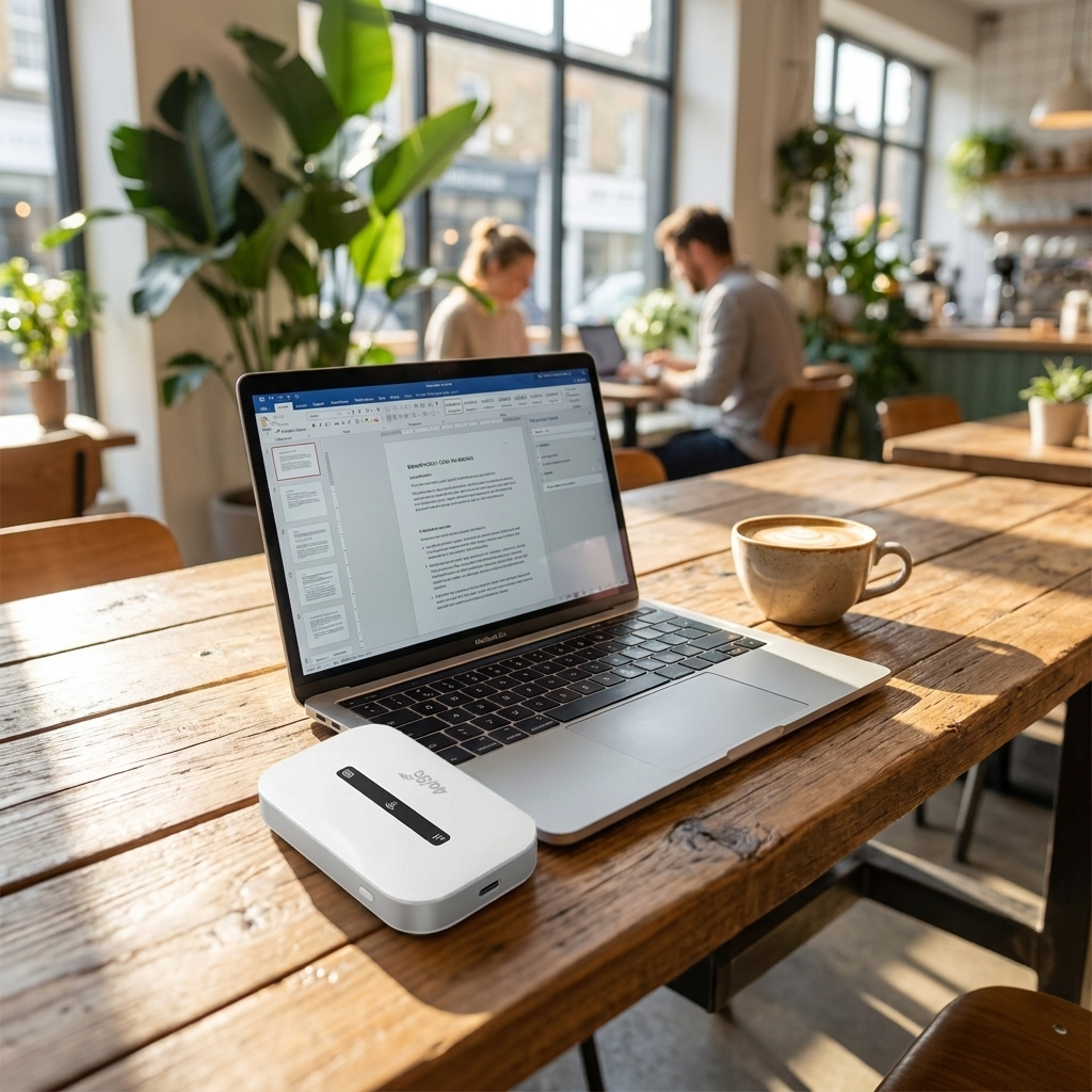 Portable Wi-Fi device next to laptop on cafe table