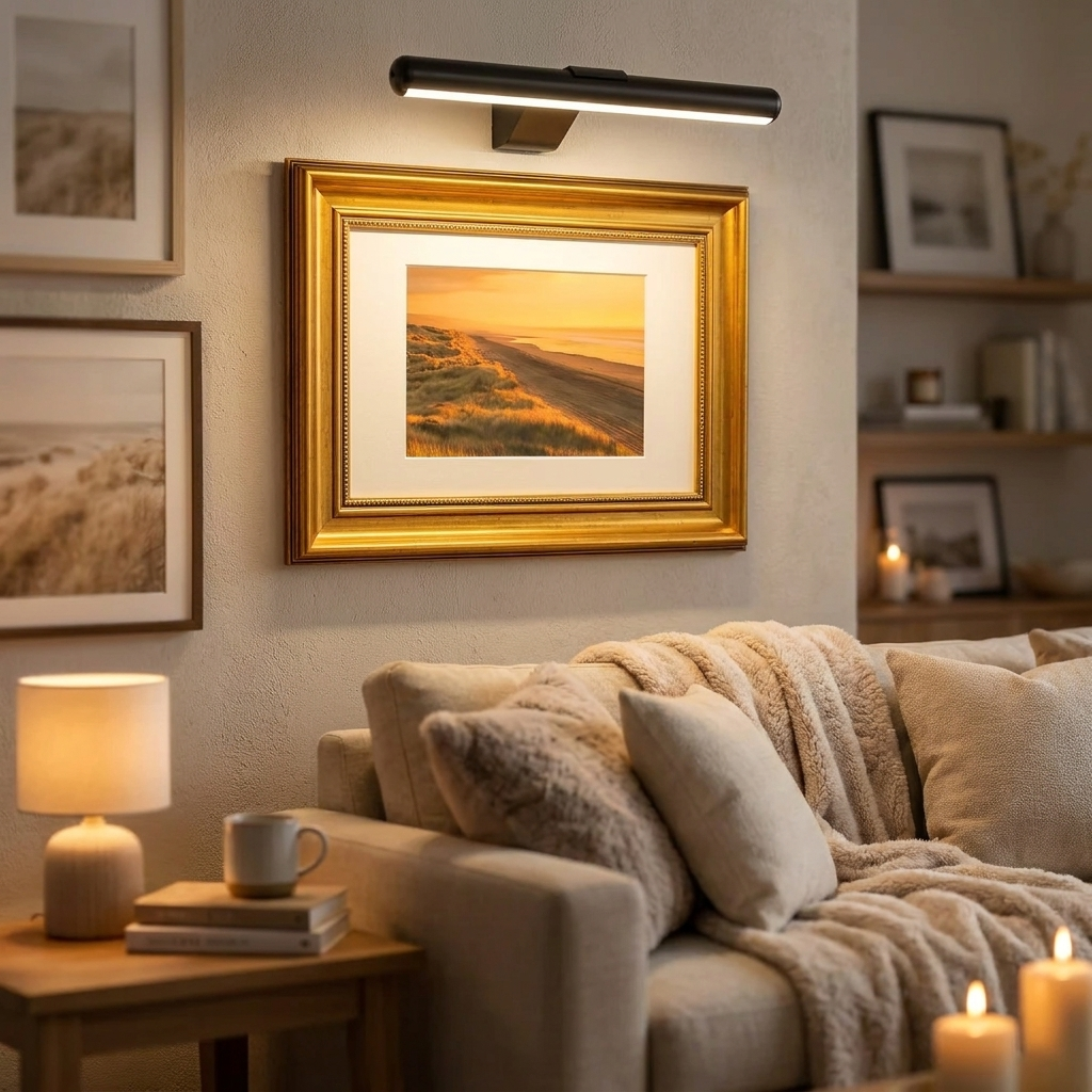 Wireless LED picture light illuminating framed art in living room