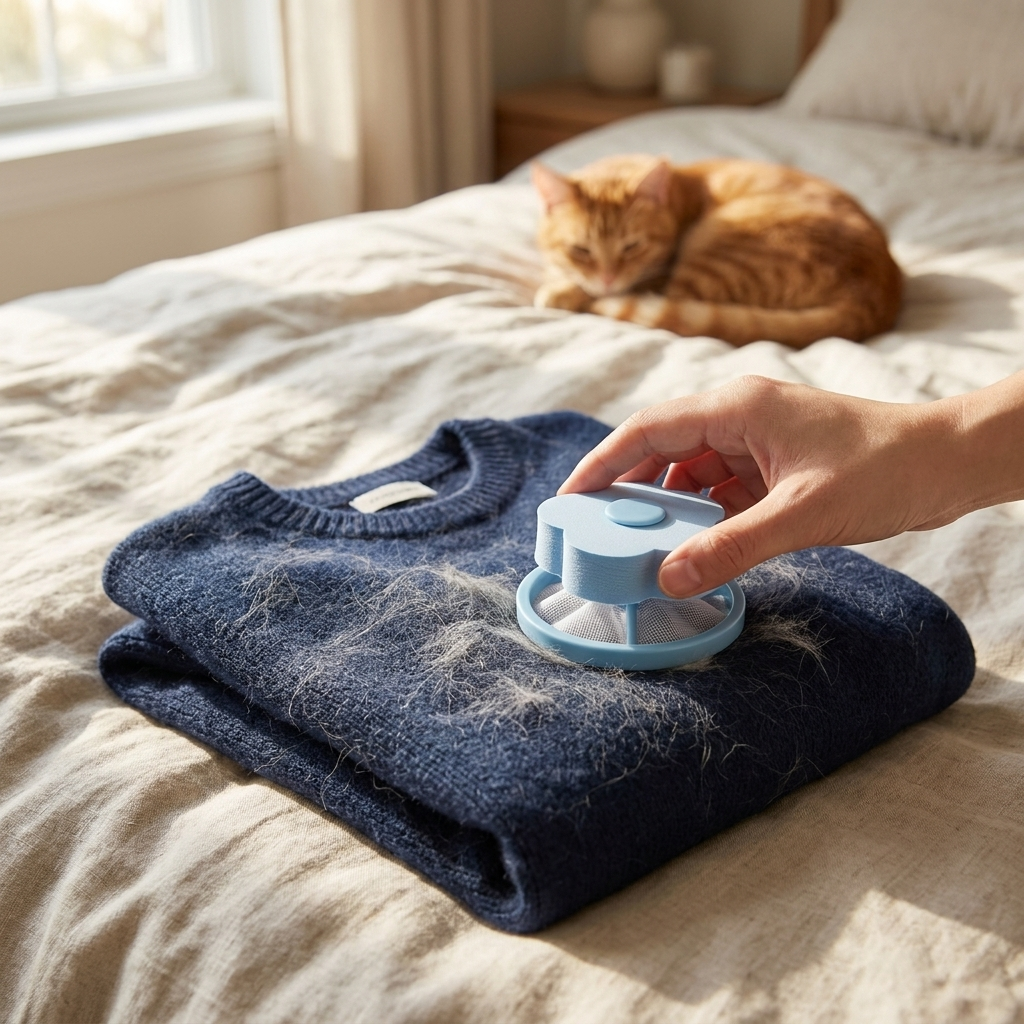 Laundry lint fur remover in use on sweater