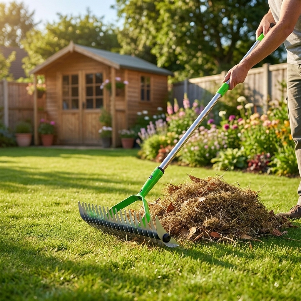 Person using long reach thatch rake on backyard lawn