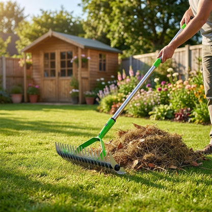 Person using long reach thatch rake on backyard lawn