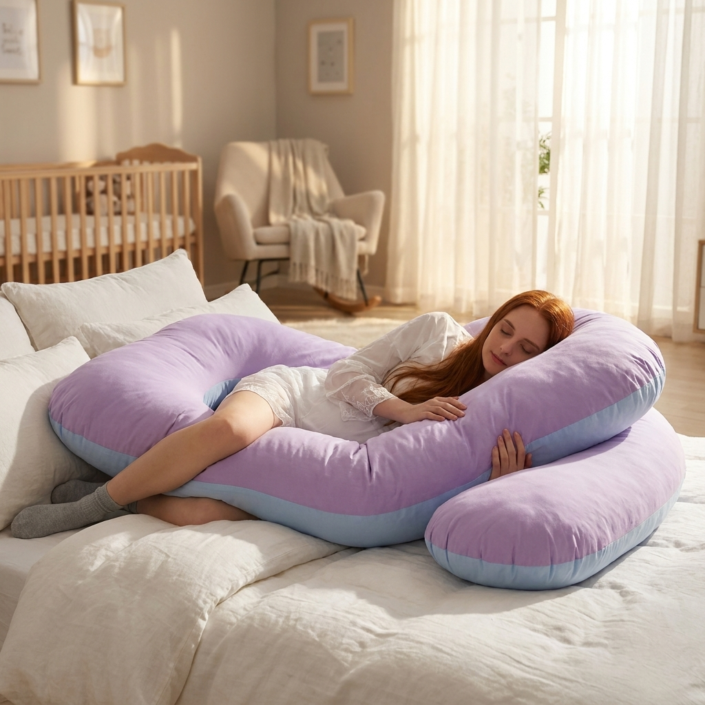 Pregnant woman resting with body support pillow in bright bedroom