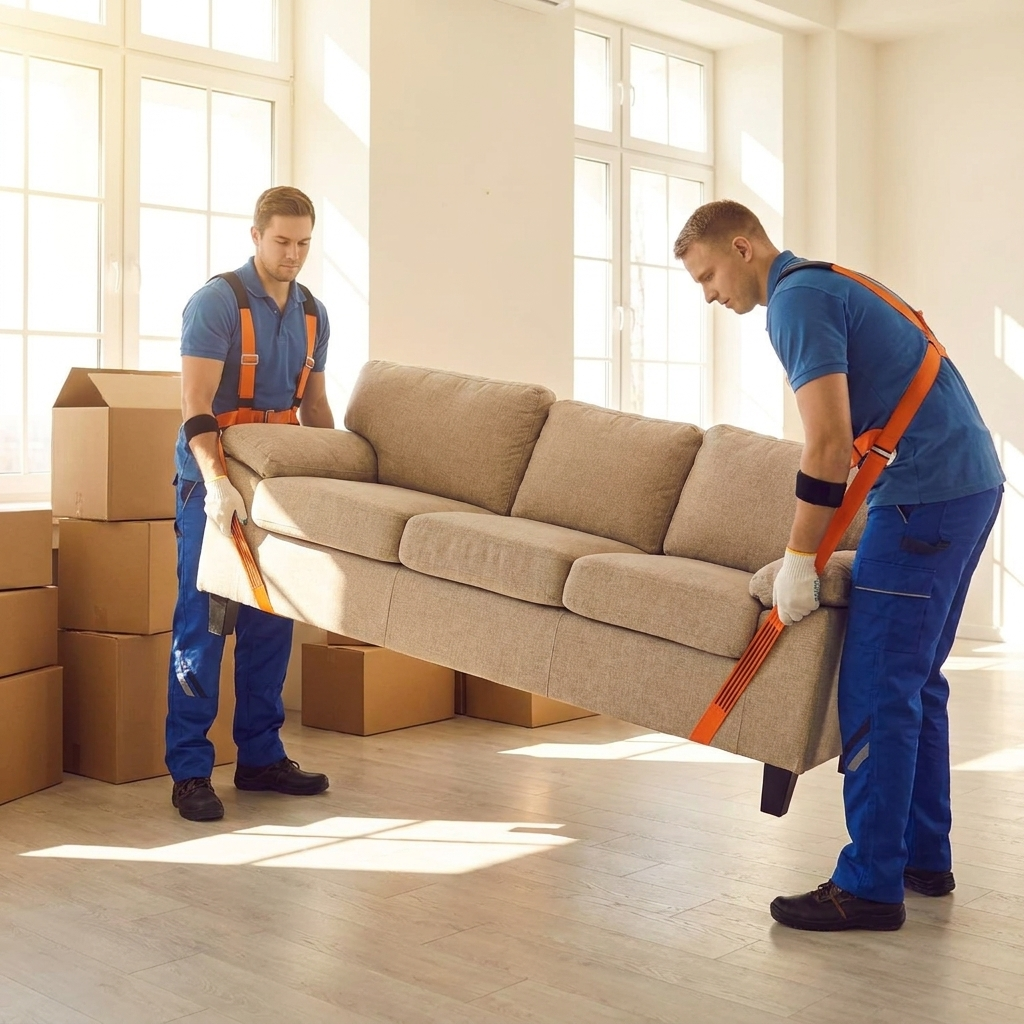 Moving furniture straps in use lifting sofa