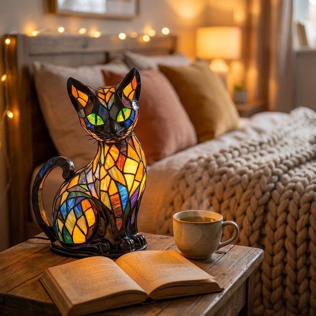 Stained glass cat lamp glowing on bedside table