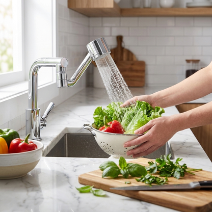 Rotating faucet extender in kitchen sink