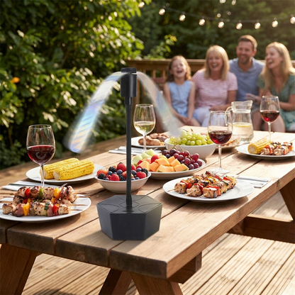 Fly repellent fan on picnic table