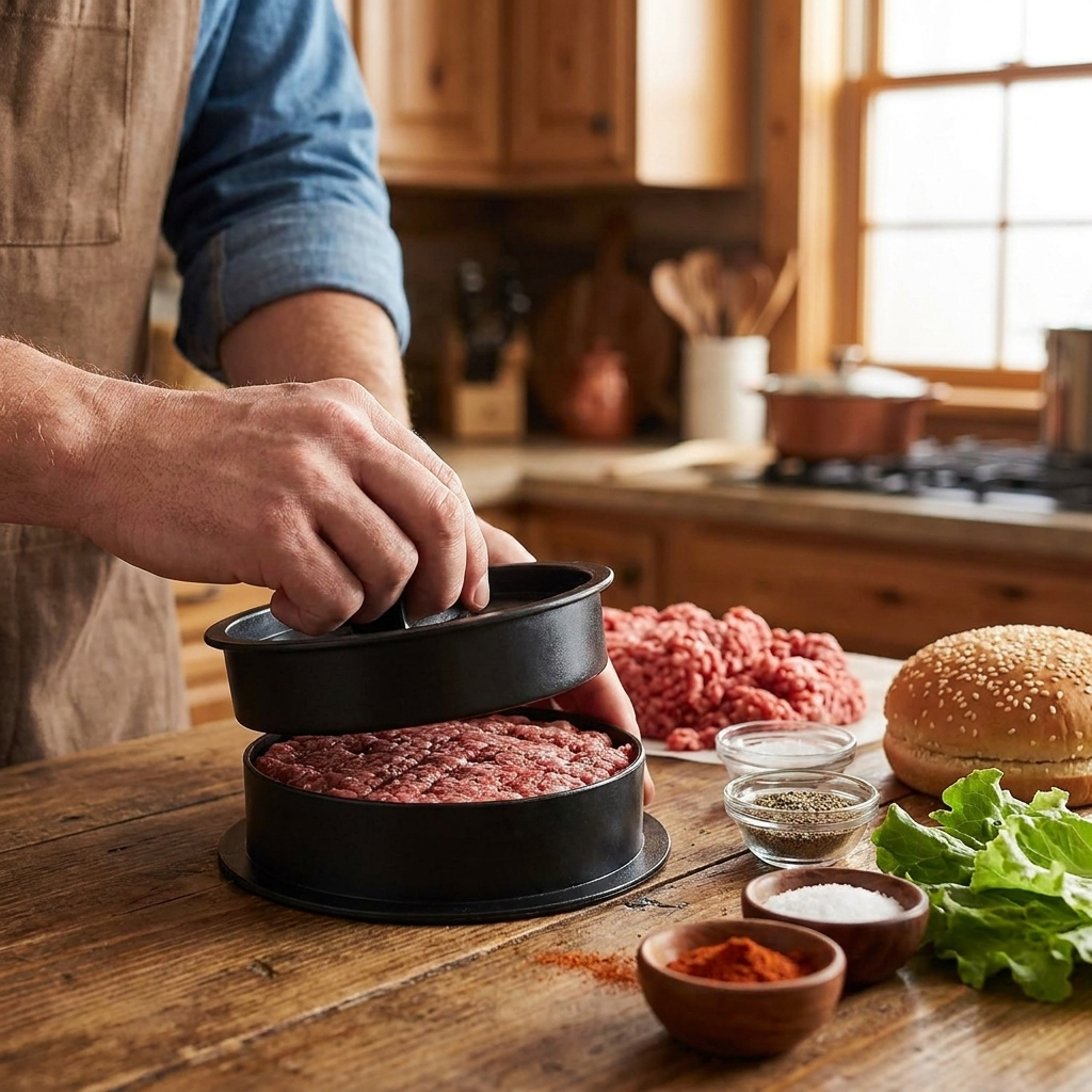 Hamburger press in use