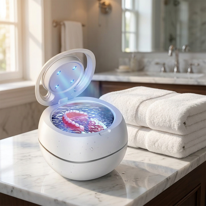 Denture cleaner on bathroom counter