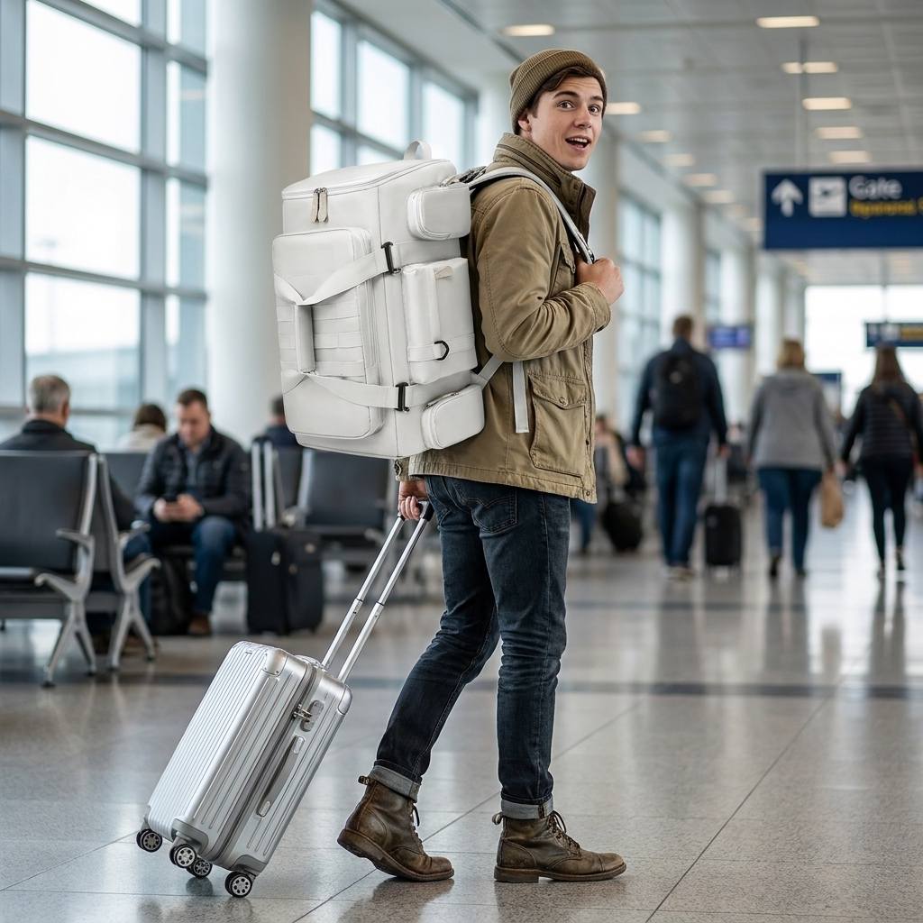 Travel backpack in use