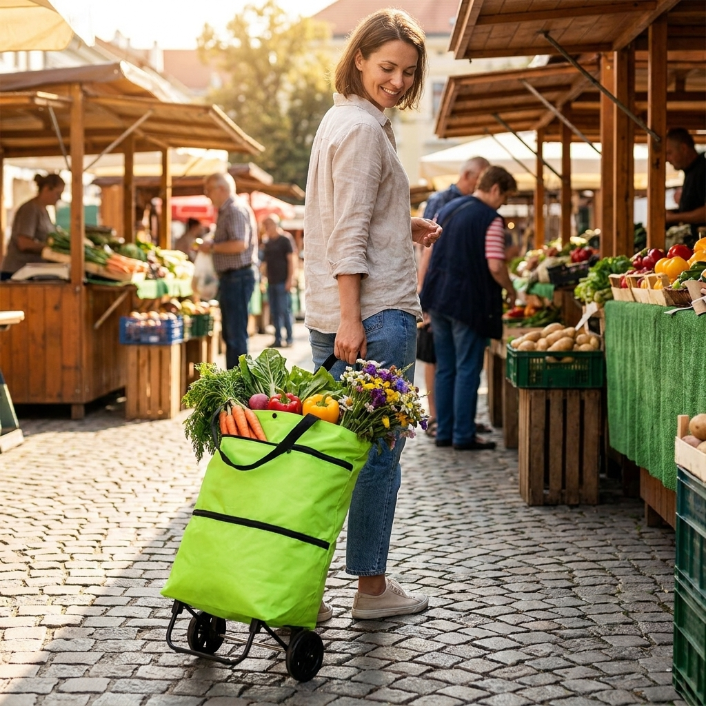Foldable shopping bag with wheels in use