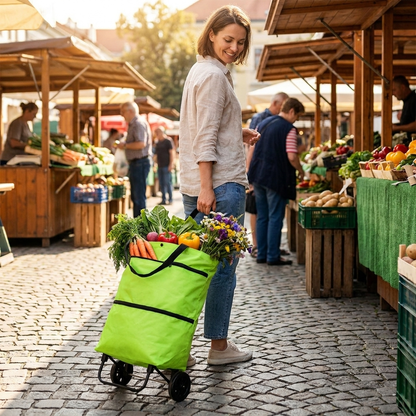 Foldable shopping bag with wheels in use