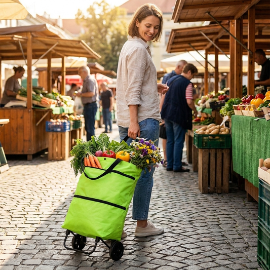 Foldable shopping bag with wheels in use