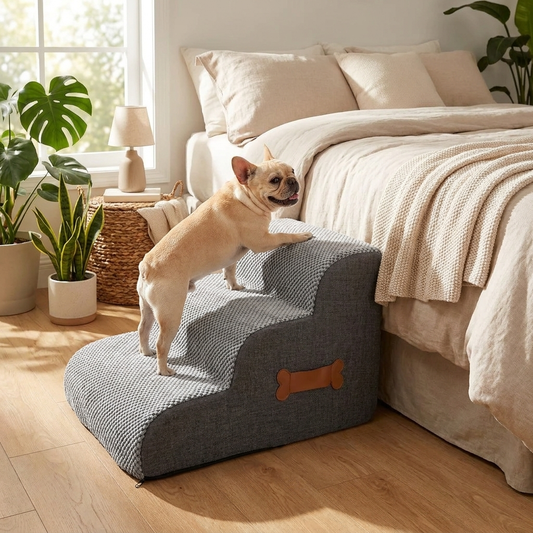 Dog stairs beside bed
